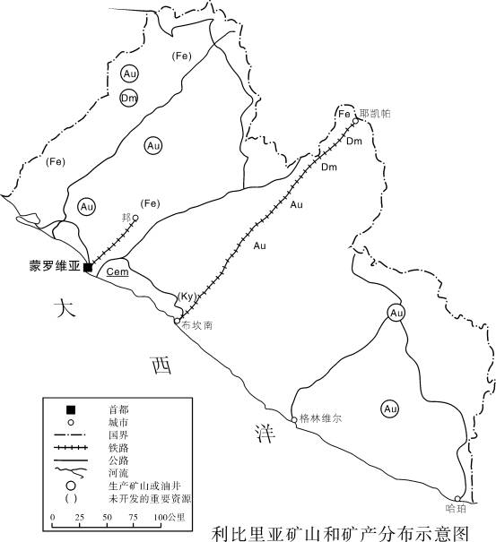 图1  利比里亚矿山和矿产分布示意图