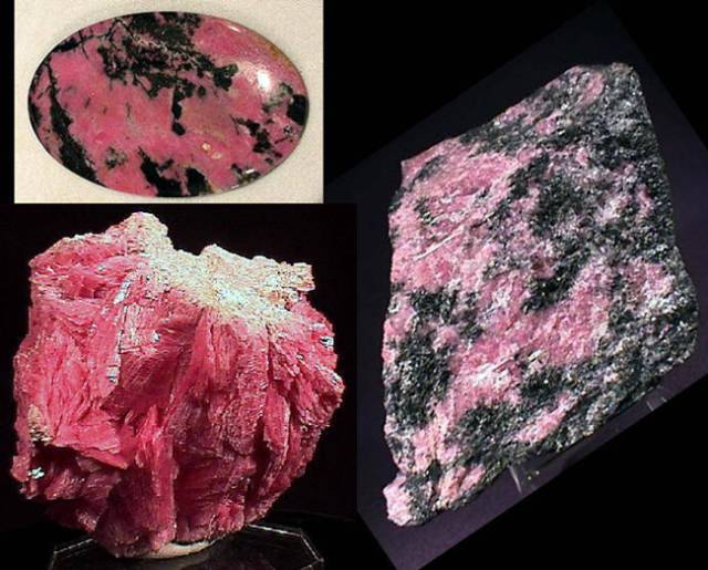 蔷薇辉石的晶体为板状或板柱状,晶体的集合体为粒状或块状,浅粉到红色